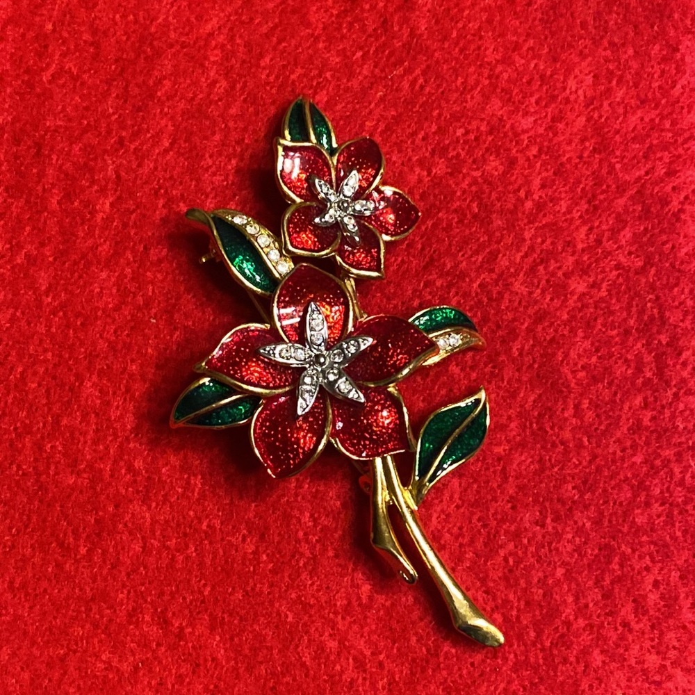 Vintage Christmas Red Poinsettia Flower Brooch Pin Signed C’est Bien